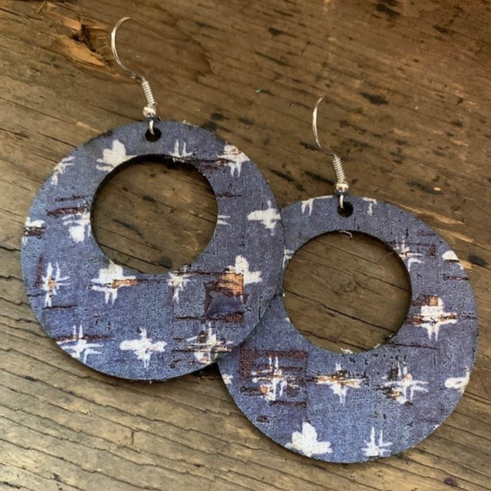 Denim Blue and White Star Cork Hoop Earring